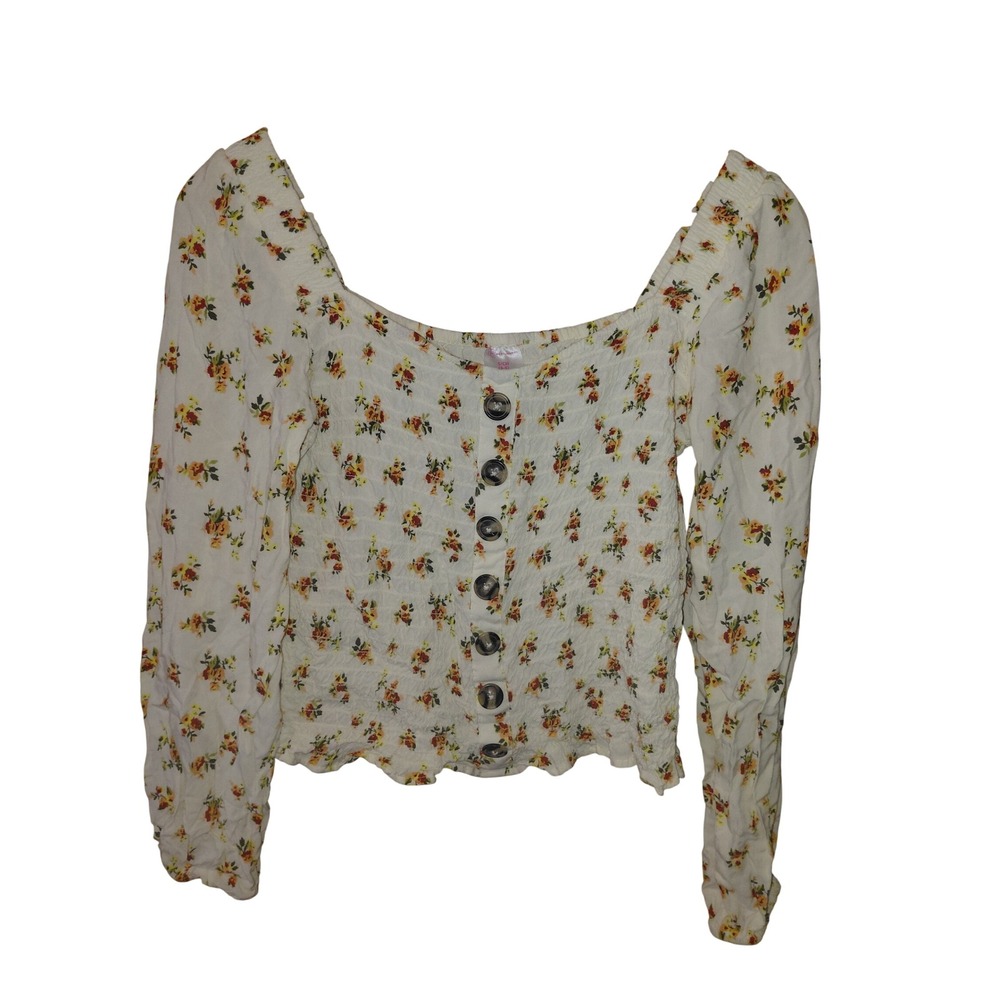 No Boundaries Women Floral Smocked Button Front Long Sleeve Crop Top Cream S 3-5